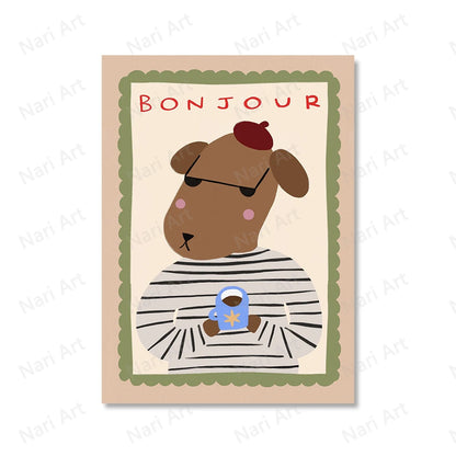 Funny Animals Tiger Bonjour Dog Bunny Skateboard Posters Prints Wall Art Canvas Painting Nursery Pictures for Kids  Room Decor