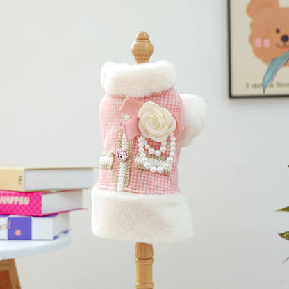 1-piece Pet Clothes, Dogs, Cats, Autumn and Winter Velvet Thickened Warm Vest, Pink Fragrant Flower Pearl Sleeveless Clothes