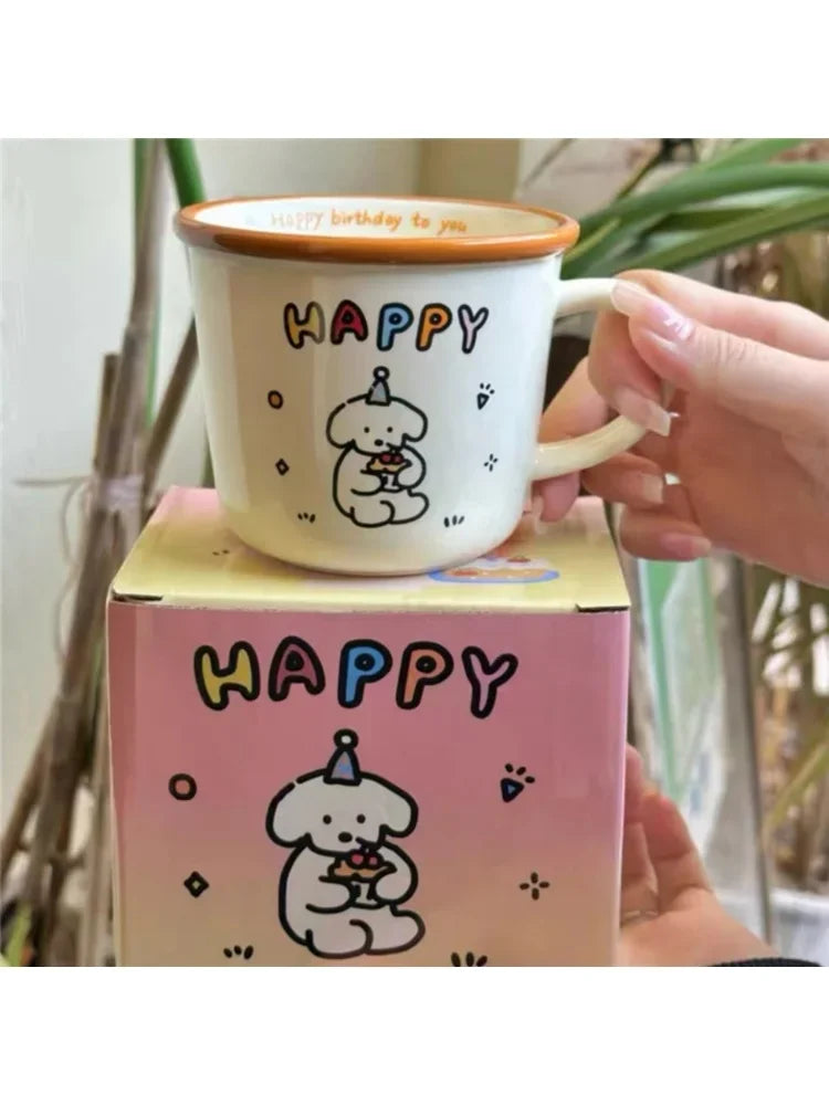 1Pcs Ins Cute Happy Bear Ceramic Mug Kawaii White Puppy Cartoon Coffee Mug Fashion Vintage Afternoon Tea Cup Pair Couple Gift