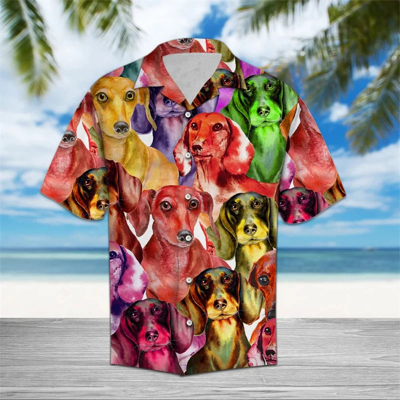 the HAWAIIAN DOG-O - Funny Dachshund Pattern Hawaiian Shirts, Summer Casual Short Sleeve Cute Dog 3D Printed Shirt, Loose Breathable Vacation Blouses