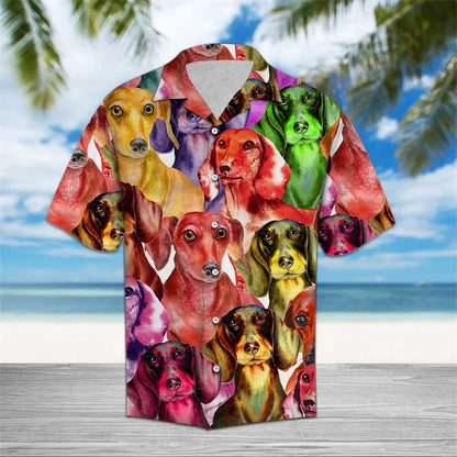 the HAWAIIAN DOG-O - Funny Dachshund Pattern Hawaiian Shirts, Summer Casual Short Sleeve Cute Dog 3D Printed Shirt, Loose Breathable Vacation Blouses