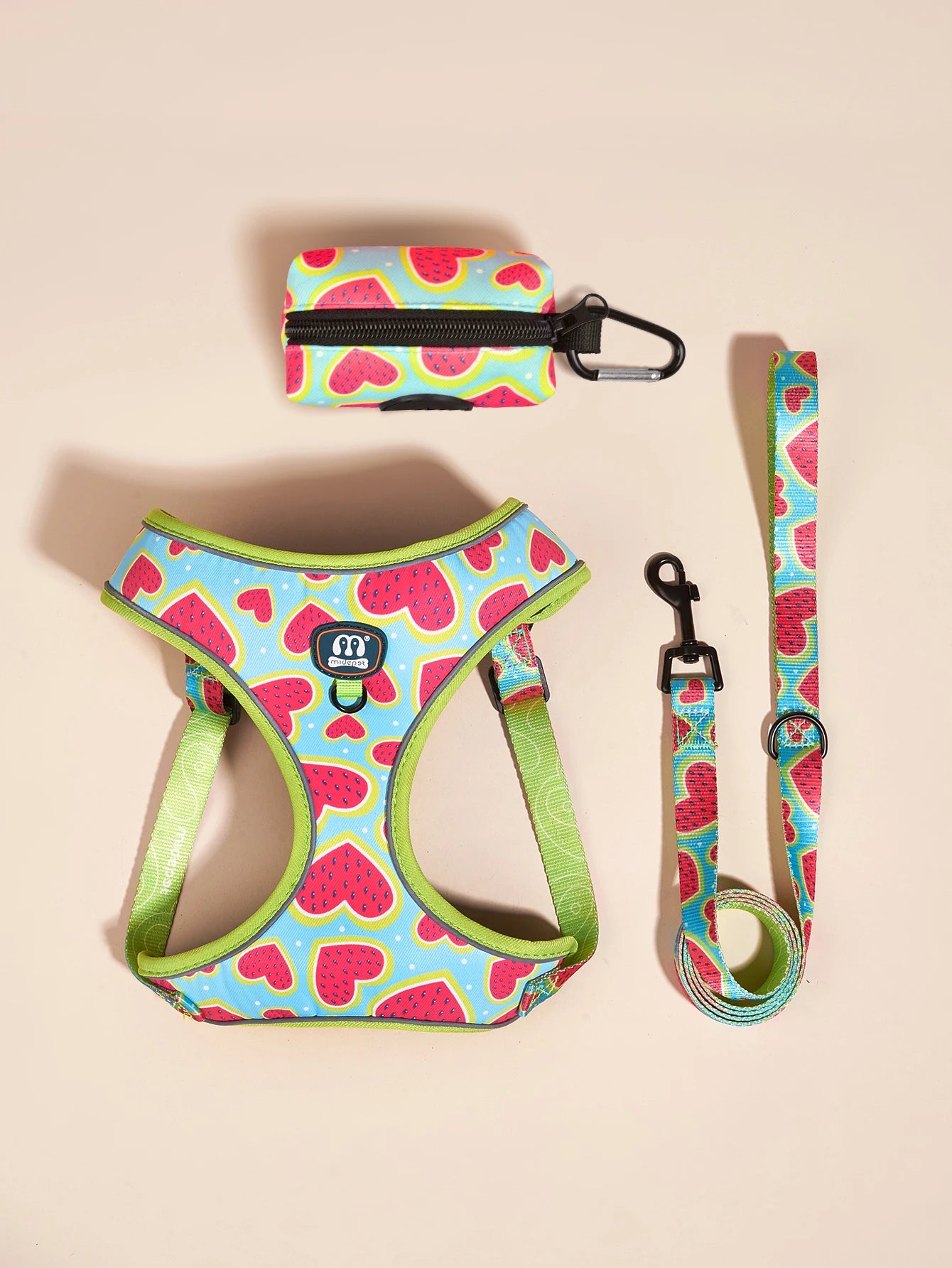 the JUCIYPAWS 3-PIECE SET - 3PCS/Set Watermelon Love, High Quality Dog Harnes Leash with Poop Bag Holder Set, Soft Breathable Lining