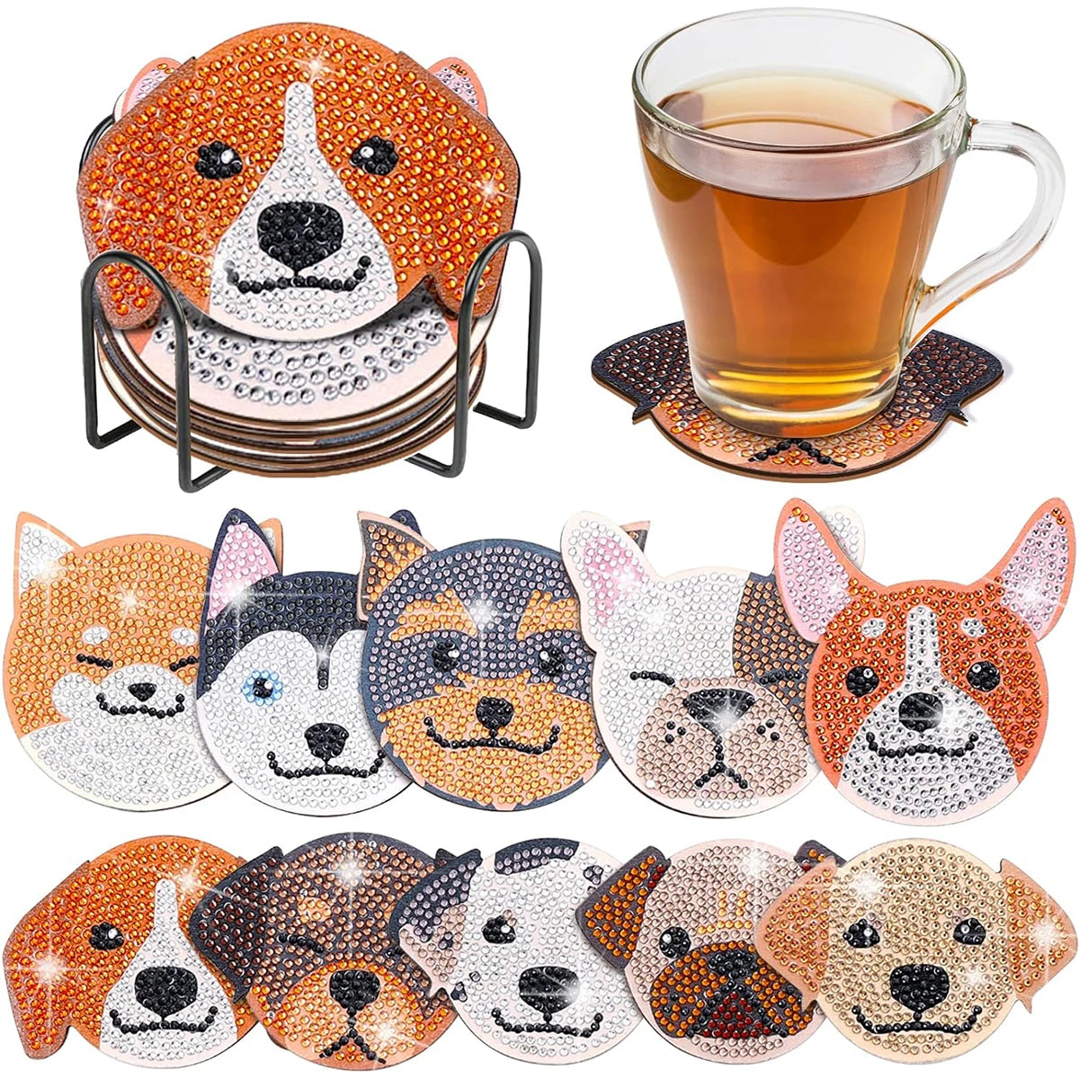 10 pieces/set of wooden coasters with dog patterns and diamond paintings, DIY creative diamond painting coasters, holiday gifts