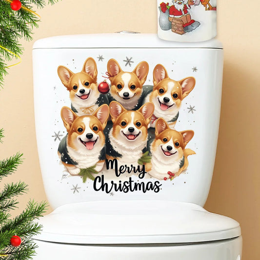 Cute Playful Little Dogs Wall Sticker Merry Christmas Bathroom Toilet Decoration Mural Cabinet Home Decor Self-adhesive Decals
