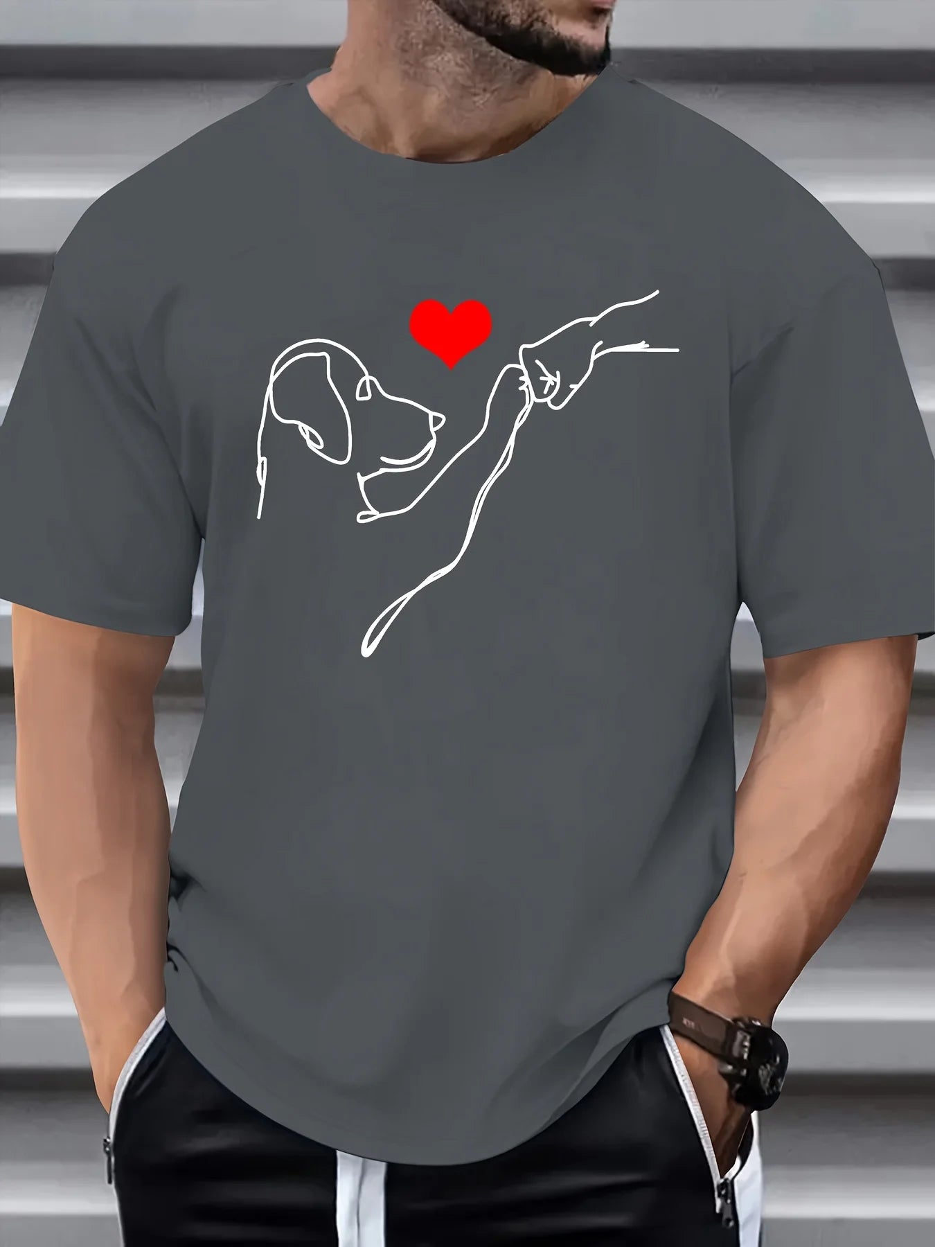 the LOVE PUNCH - Men's Summer 100% Cotton Fashionable Casual Loose Dog and Heart Pattern Printed Sports Round Neck Short Sleeve T-Shirt Top