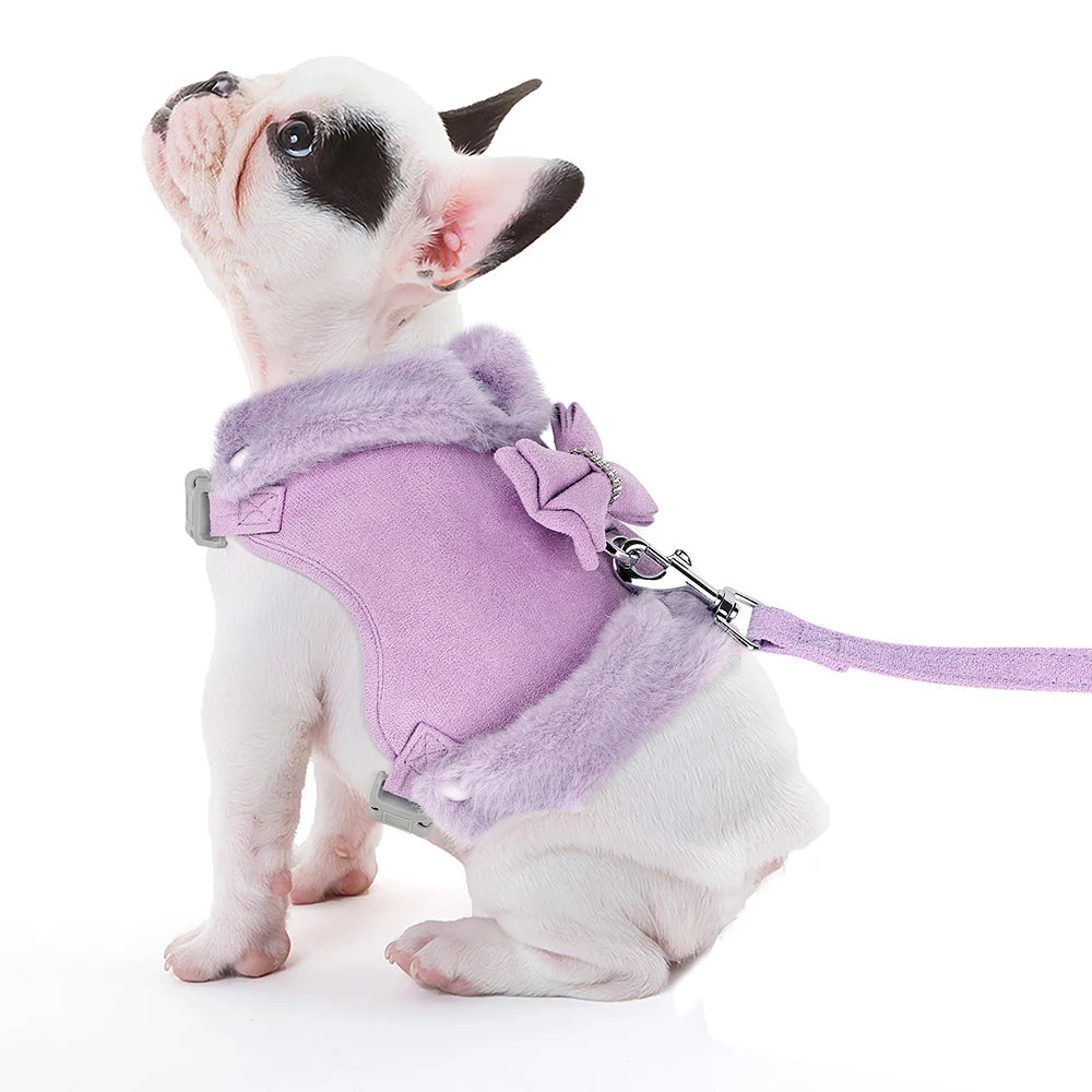 the SPARKLEPAW DIAMOND HARNESS - Warm Winter Dog Harness and Leash Set, Cute Bowknot Pet Fur Vest, Pets/Puppy Clothes Vest, Small Dog Clothing, French Bulldog