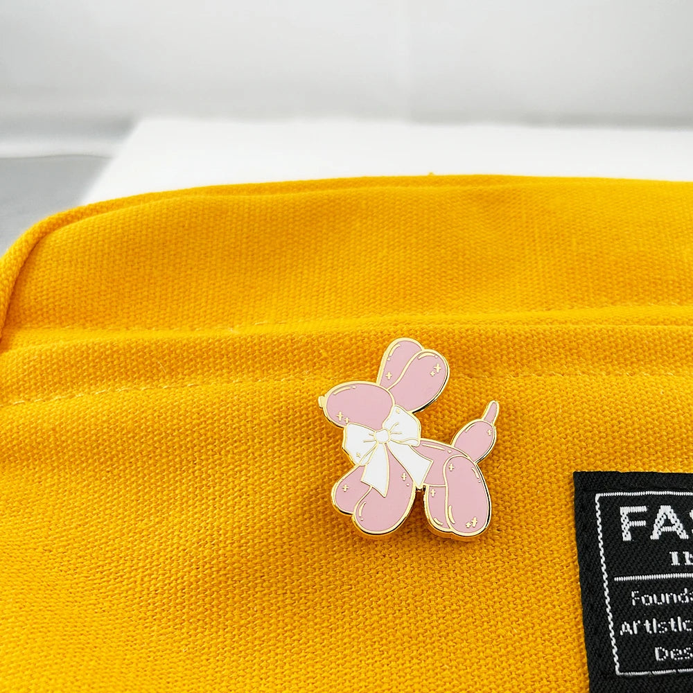 Pink Balloon Dog Enamel Pin Cute Puppy With Bow Tie Brooch Pastel Jewelry Hot Girl Gift Accessories