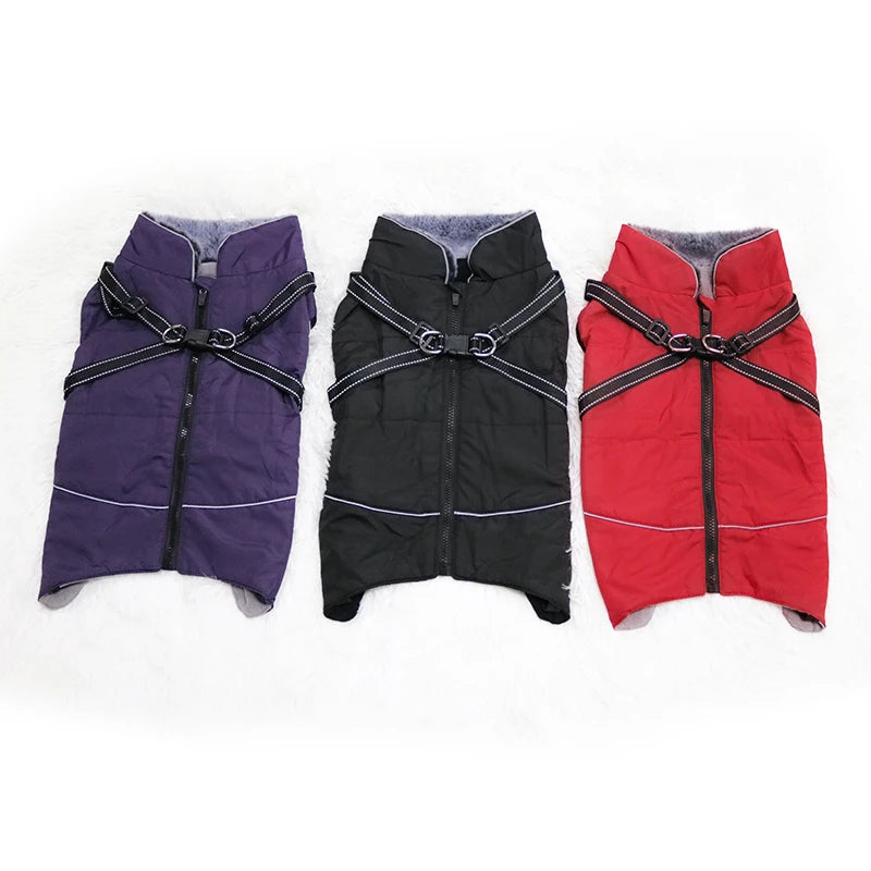 Waterproof Dog Clothes with Harness for Medium Large Dog Winter Warm Fur Collar Pet Dog Jacket Reflective French Bulldog Costume