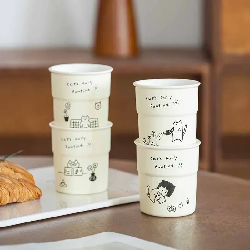 225ml High-quality Ceramic Mugs, Hand-held Cups,simple Cat Illustrations, Breakfast Milk Cups Family Afternoon Tea Cups As Gifts