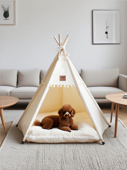 the BEIGE TEEPEE - Dog/Cat Teepee Pets Tent, Portable Dog Tent Bed with Plush Cushion, Soft Kennels Playhouse Removable and Washable Puppy Teepee