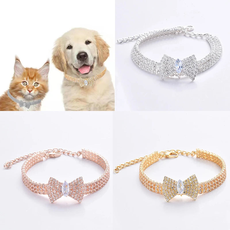 the BELLEBOW ZIRCON COLLAR - Zircon Bow Tie Chihuahua Dog Collar, Rose Gold Lobster Button Cat/Dog Necklace with Package Box, Adjustable All Season Pet Accessories