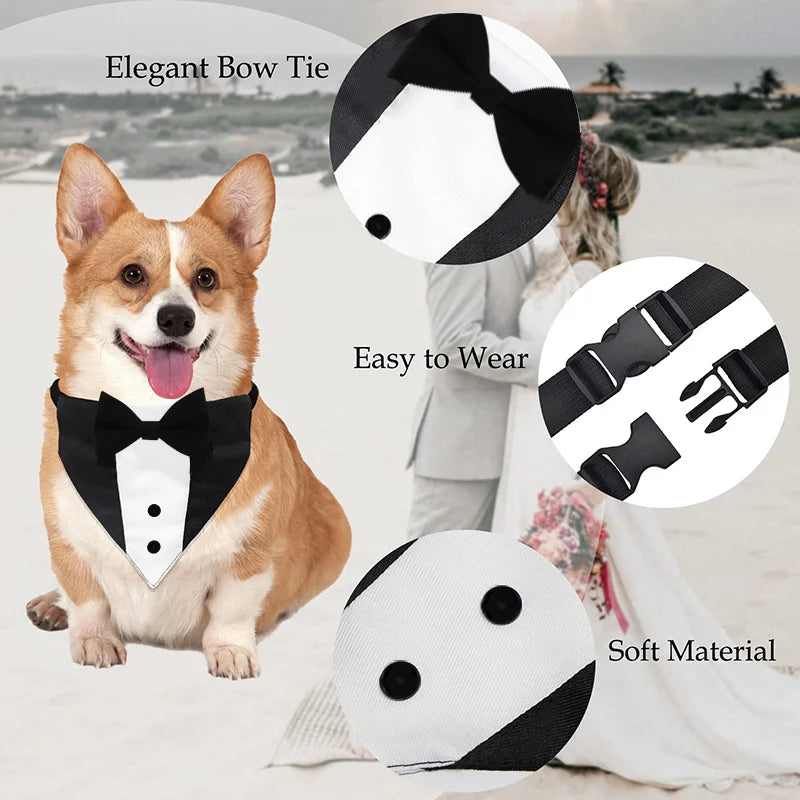 the TUXEDO DOGGY - Bow Tie Dog Collar Tuxedo Bandana, Adjustable Formal Puppy Triangle Neck Wear for Wedding/Birthday, Dress-up, Cosplay, Party
