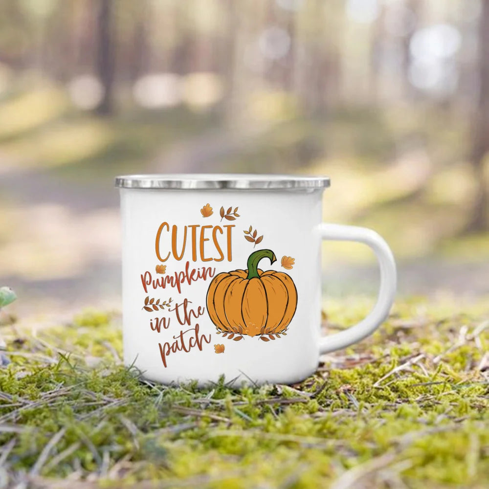 Pumpkin Leaves Dog Cat Printed Enamel Mugs Coffee Cups Fall Thanksgiving Party Wine Juice Mug Handle Cup Autumn Holiday Gifts