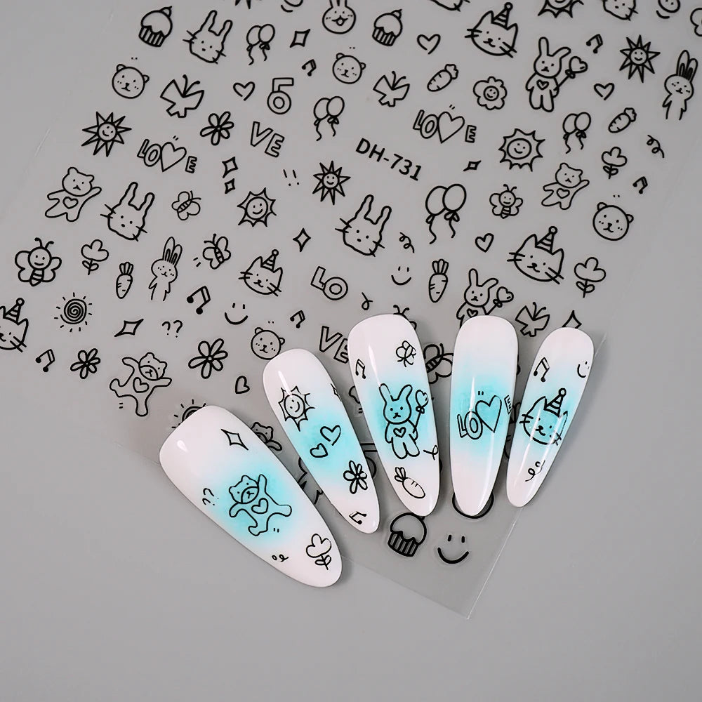 3D Flat Cute Cartoon Nail Stickers Doodle Cat Dog Heart Star Flower Nail Art Stickers Women DIY Manicure Decoration Decals