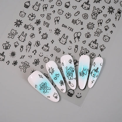 3D Flat Cute Cartoon Nail Stickers Doodle Cat Dog Heart Star Flower Nail Art Stickers Women DIY Manicure Decoration Decals