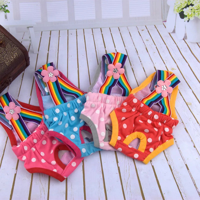 Adjustable Pet Diaper Pants for Female Dogs with Rainbow Suspenders Cute Polka Dot Puppy Sanitary Underwear Reusable Dog Shorts