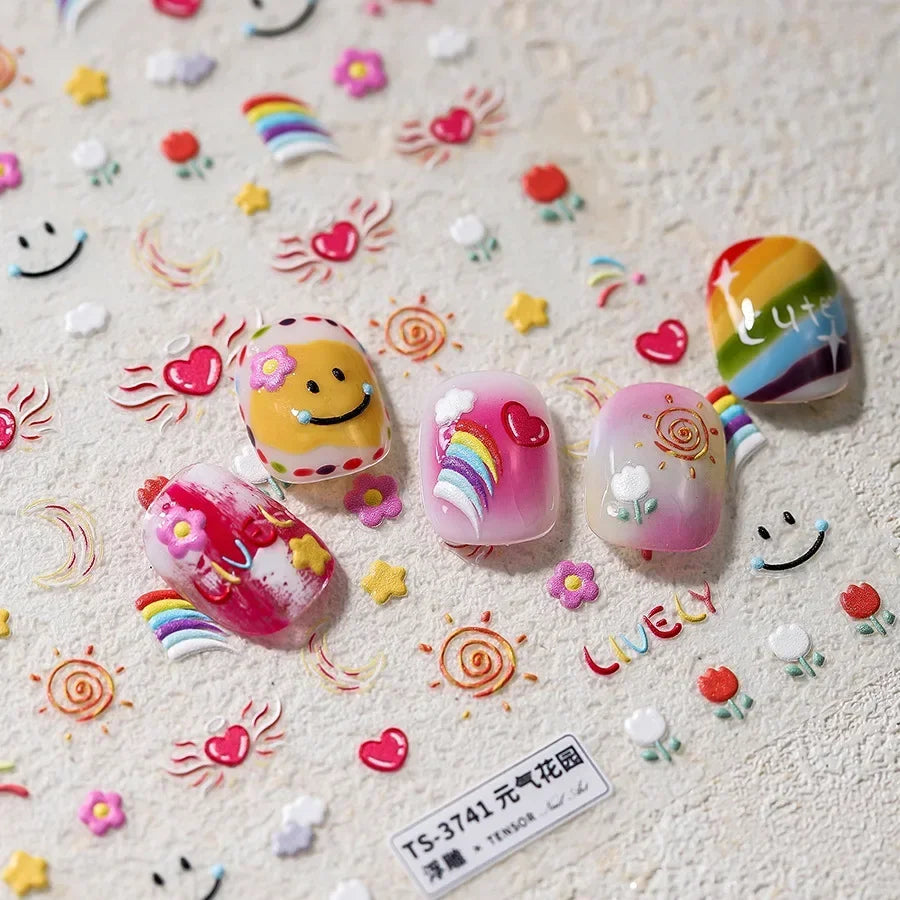 Graffiti Cat Claw Rabbit Bunny Bear Dog Flower Lovely Animal Fruit Dim Sum Candy Sunflower Adhesive 5D Nail Art Stickers Decal
