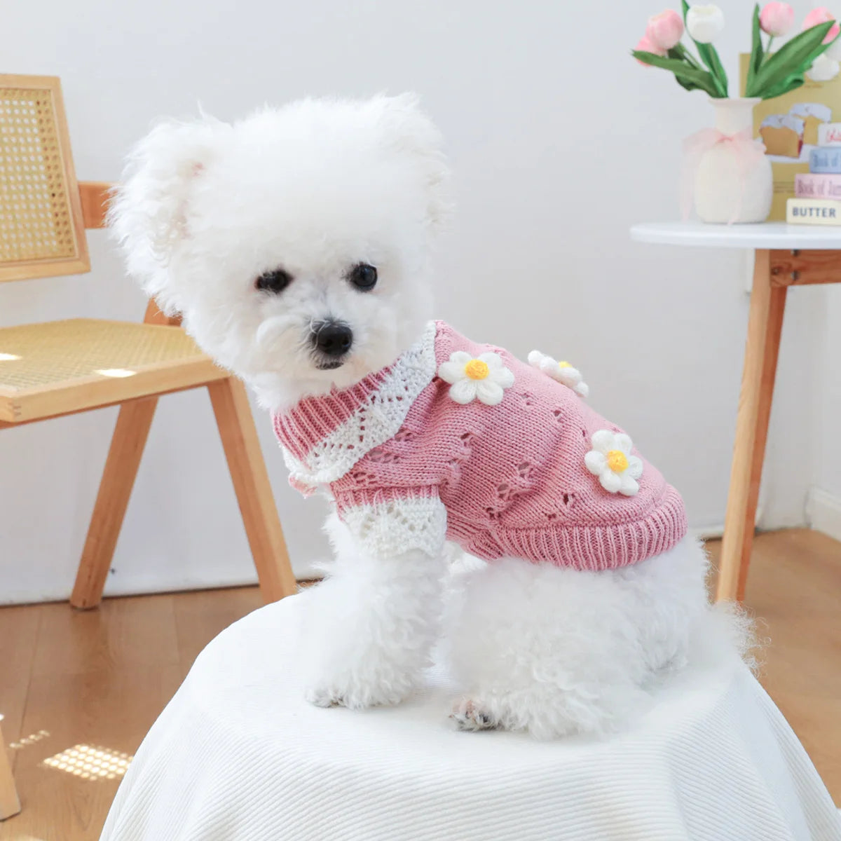 1PC Flower Sweater Pet Clothes Dog Cat Autumn Winter Thickened Warm Elastic Pink Pullover Knitted Sweater