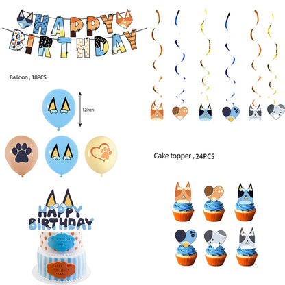 the CARTOON DOG BIRTHDAY - Blue Dog Theme Birthday Party, Cartoon Bluey Birthday Party Decoration Tablecloth Balloon Cake Stand Masks Tableware Kid Supplies