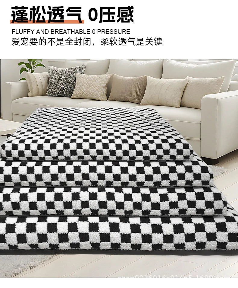 All-Season Checkerboard Dog Bed Mat - Waterproof, Washable Flannel Pet Pad for Crate, Sofa & Car