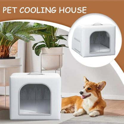 the COOLING CAVE - Doghouse with Cooling, Foldable Pet Cooling Shelter for Dogs/Cats with 8 Ice Bags, Doghouse for Farm, Backyard, Living Room, Front Door