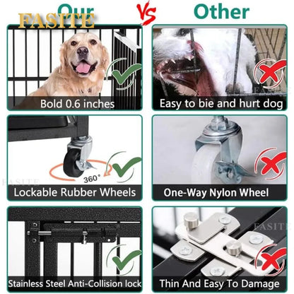 the IRON MAIDEN DOG CRATE - 48/38 Inch Heavy Duty Dog Crate, Cage Kennel with Wheels, High Anxiety Indestructible, Sturdy Locks Design, Door and Removable