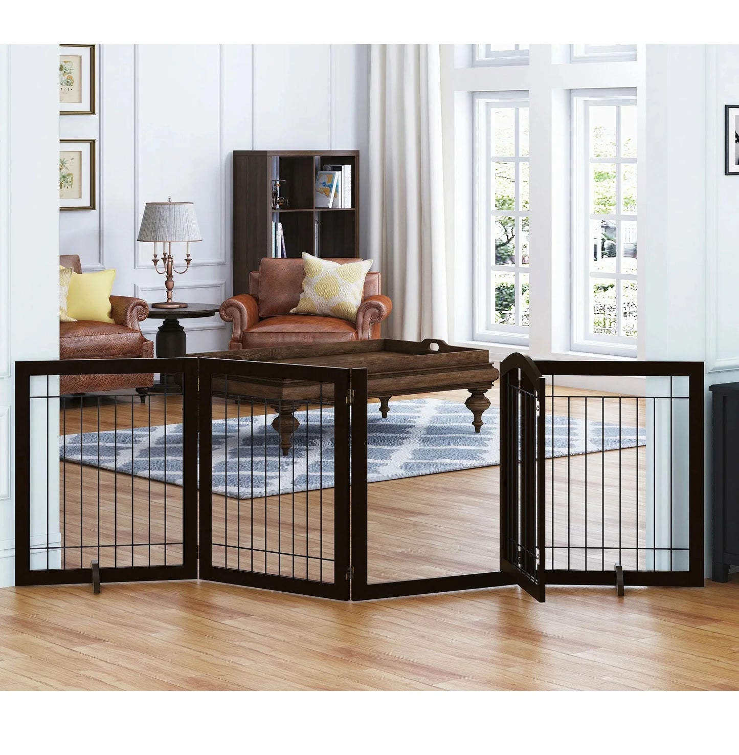 the BARRIER FENCE - Wood Pet Fence, Indoor Stainless Steel Dog Cage, Dog Fence - Large Outdoor With 4 Panels