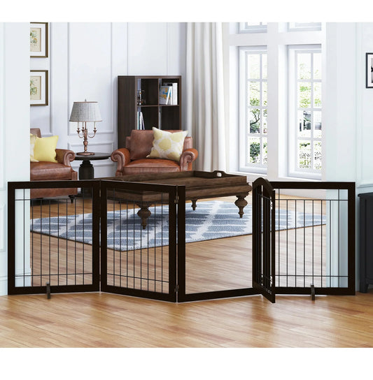 the BARRIER FENCE - Wood Pet Fence, Indoor Stainless Steel Dog Cage, Dog Fence - Large Outdoor With 4 Panels