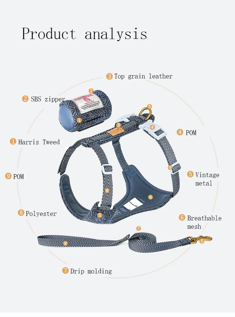 the TWEEDTREK HARNESS SET - Truelove Pet Harness Leash Set, Harris Tweed Fabric, No Pull Dog Vest Harness for Walking/Training, Adjustable, Easy Control
