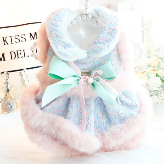 Dog Clothing Winter Thickened Cat Princess Dress Color Tow Dog Double-layer Skirt Fashion Design Warm Dog Coat