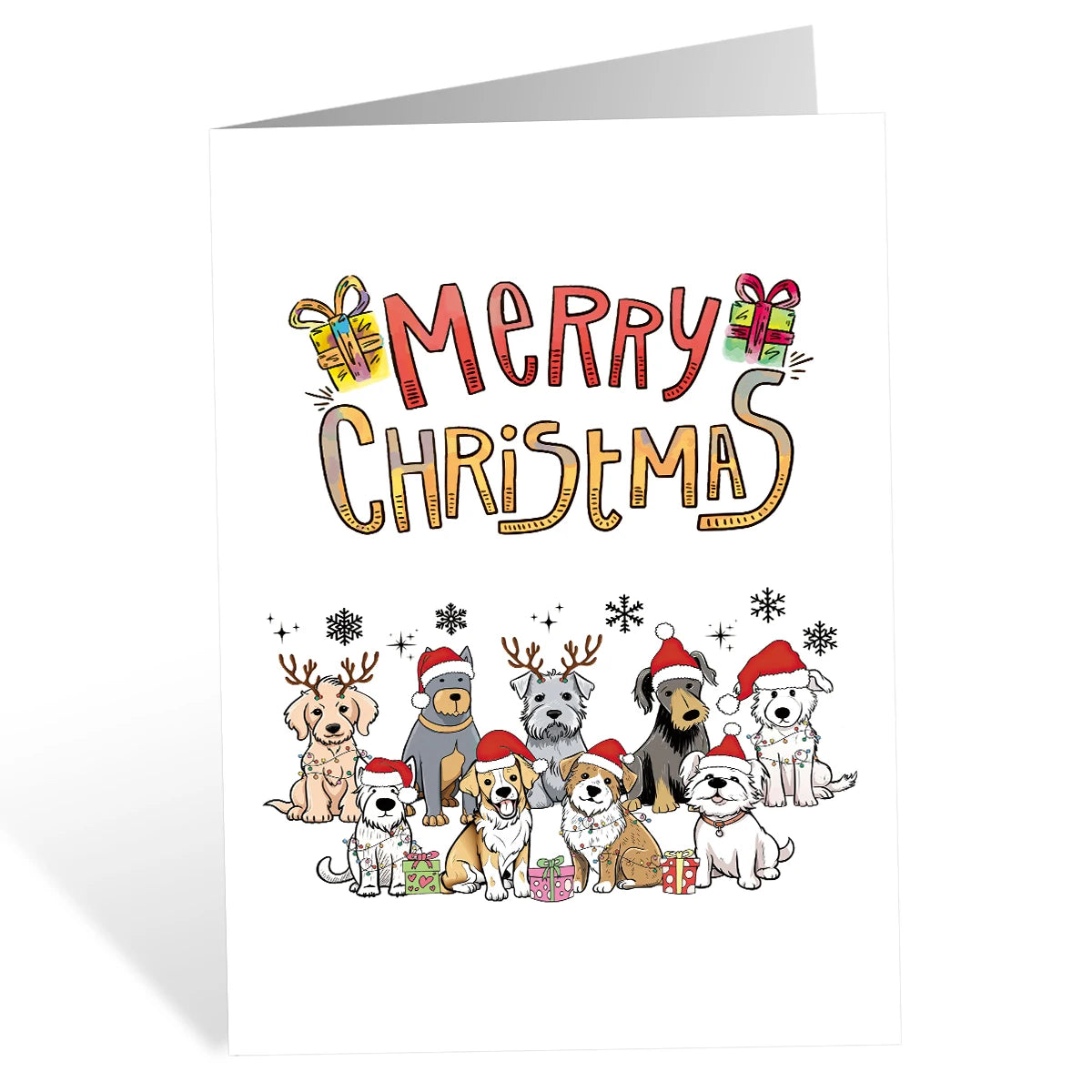 Festive Christmas Dogs Greeting Card,Cute Puppy with Santa Hat & Elk Horns Christmas Cards,Novelty Holiday Gift for Dog Lovers