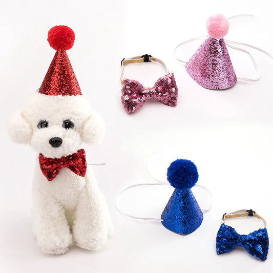 Cat Dog Pet Birthday Hat Bowknot Adjustable Chin Strap Comfortable Cloth Cosplay Headwear Party Photo Shoot Happy Birthday Party