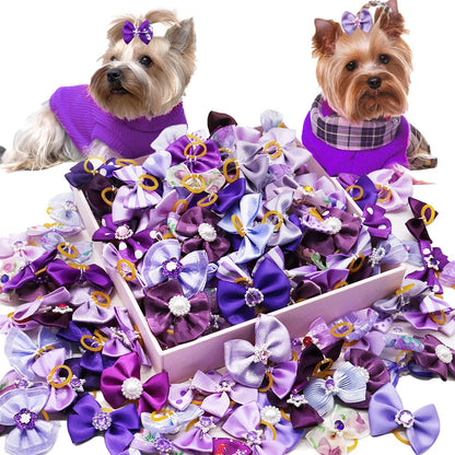 the PRETTY PURPLE BOW - Handmade Puppy Bows, 10/20PCS New Dog Bows with Rubber Bands, Purple Series Dog Bowknots, Pet Hair Accessories for Small Dogs