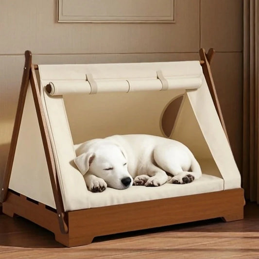 Wooden Pet Tent House - Washable Dog Bed for Small Dogs, Cat House with Removable Cover, Cozy Pet Tent for Indoor/Outdoor Use