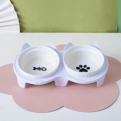 Cat Bowl Ceramic Double Bowl Water Bowl Cervical Protection High Foot Diagonal Cat Food Pot Drinking Pet Dish Pet Supplies