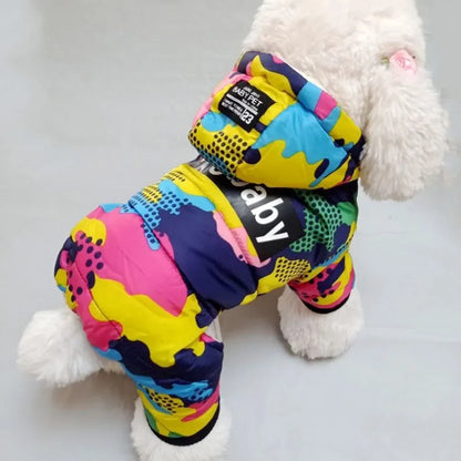 the RETRO DOG - Winter Small Dog Clothes, Puppy Dog Down Coat Parkas, Fashion Camouflage Printed Pet Cat/Puppy Ski Suit, Dog Cotton Jacket Outfits