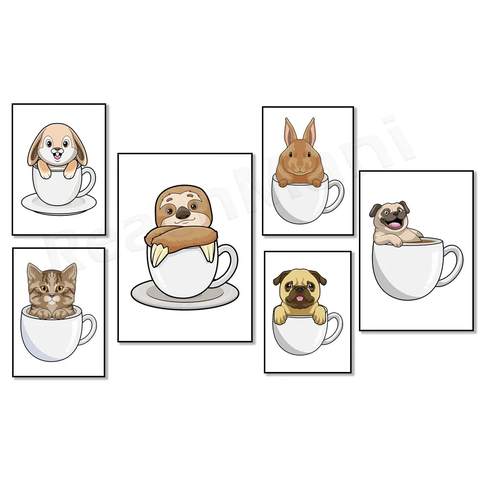 Cat in coffee mug, guinea pig, pug, rabbit, elephant, cat, mug animal canvas poster art picture home decor