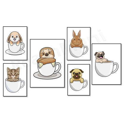 Cat in coffee mug, guinea pig, pug, rabbit, elephant, cat, mug animal canvas poster art picture home decor