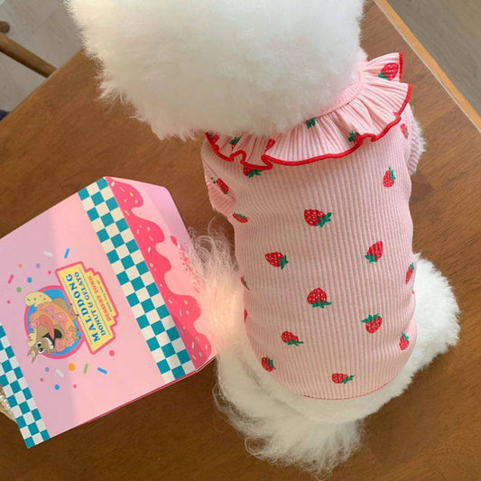 Medium Cat Clothing Cute Dog Clothing for Small Dog Strawberry Dog Vest Summer Breathable Vest Ruffled Collar Pet Clothes