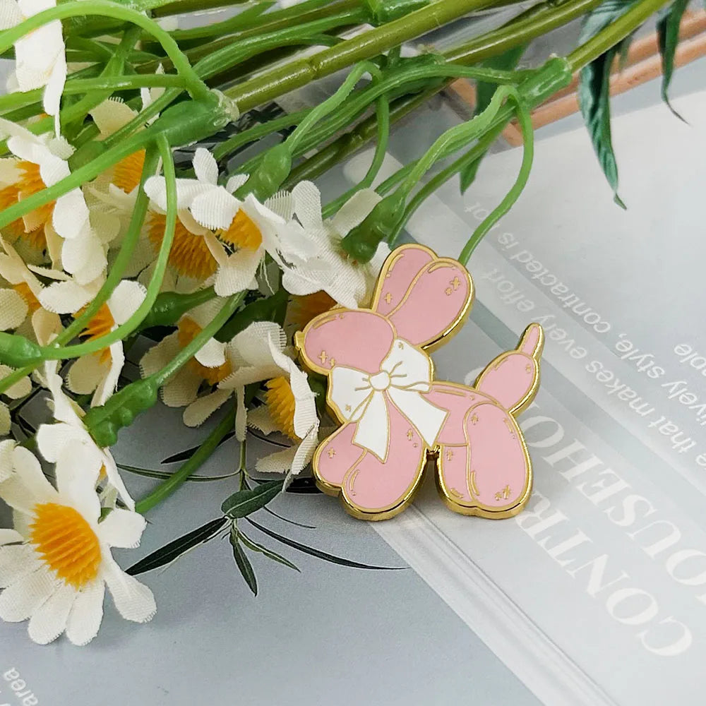 Pink Balloon Dog Enamel Pin Cute Puppy With Bow Tie Brooch Pastel Jewelry Hot Girl Gift Accessories