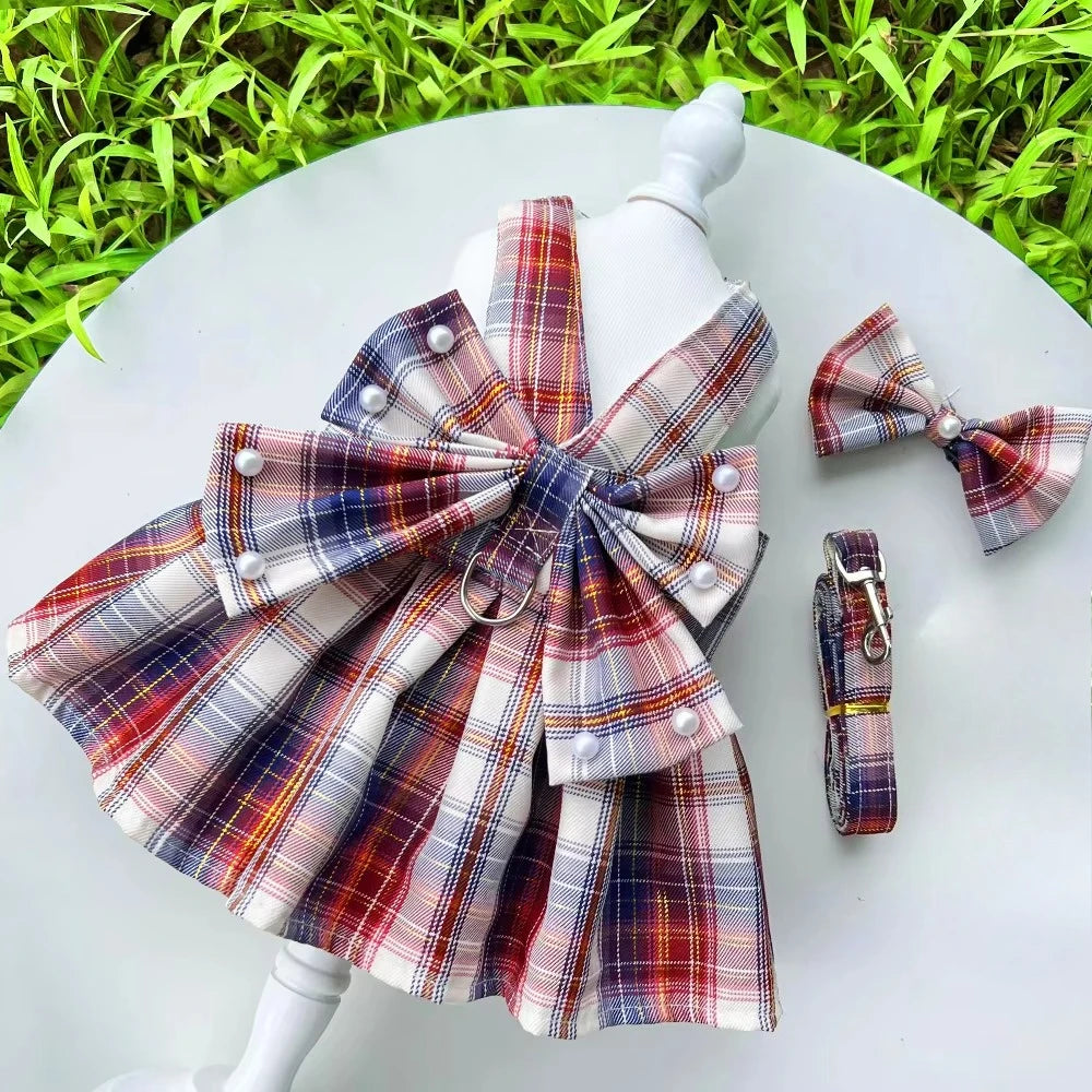 Pet Dog Cat JK Dresses Strap Bow Tie Harness Leash Dog Clothing Skirt Cat Pet Clothing Cosplay Christmas Checker Clothes