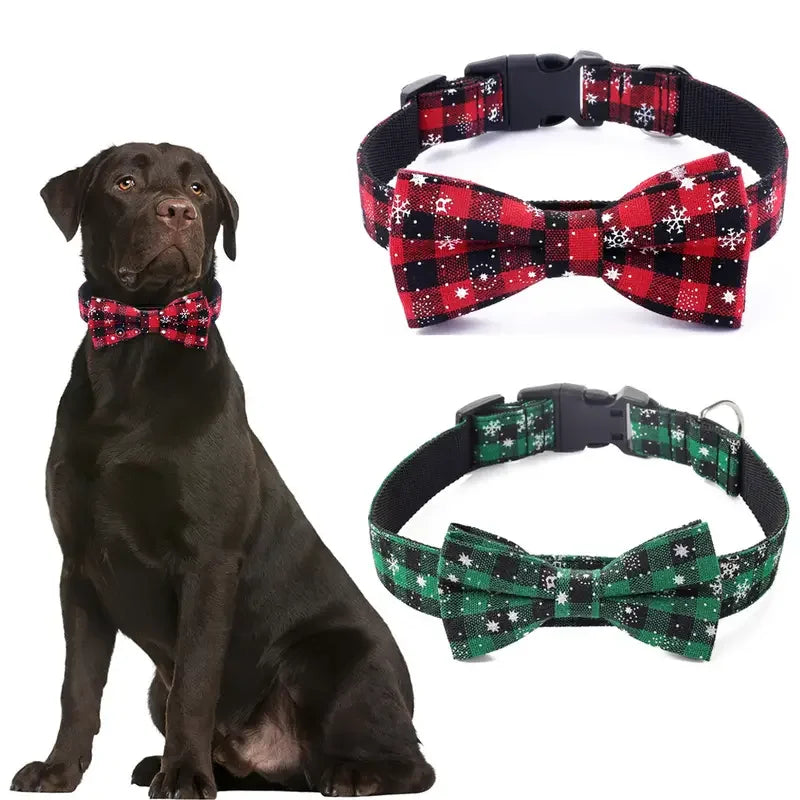 the HOLIDAY GENT - Dog Collar with Bowtie, Christmas Plaid Snowflake Dog Collar with Adjustable Buckle - Suitable for Small/Large Dogs/Cats/Pets