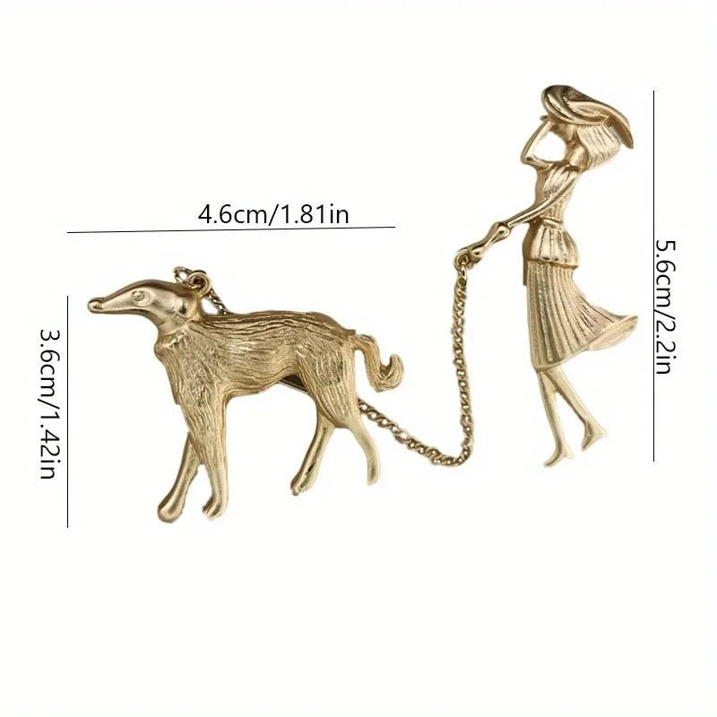 Fashion Lady Walking Dog Chain Brooch Women Suit Pin