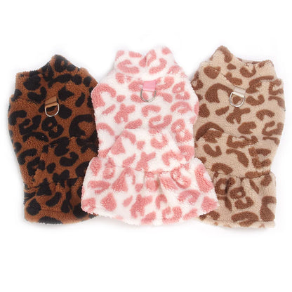 New Arrival Fleece Dog Dress Winter Leopard Print - Cute Princess Gown Outfit for Teddy Puppy Small Dogs Clothing