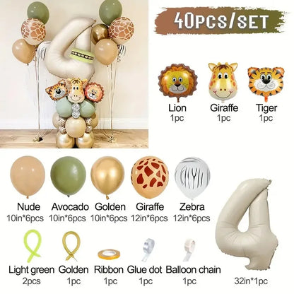 40 Pieces Jungle Retro Animal Balloons for Kids Birthday Number 12345 Gender Reveal Party Decoration Set Digital Birthday Ball