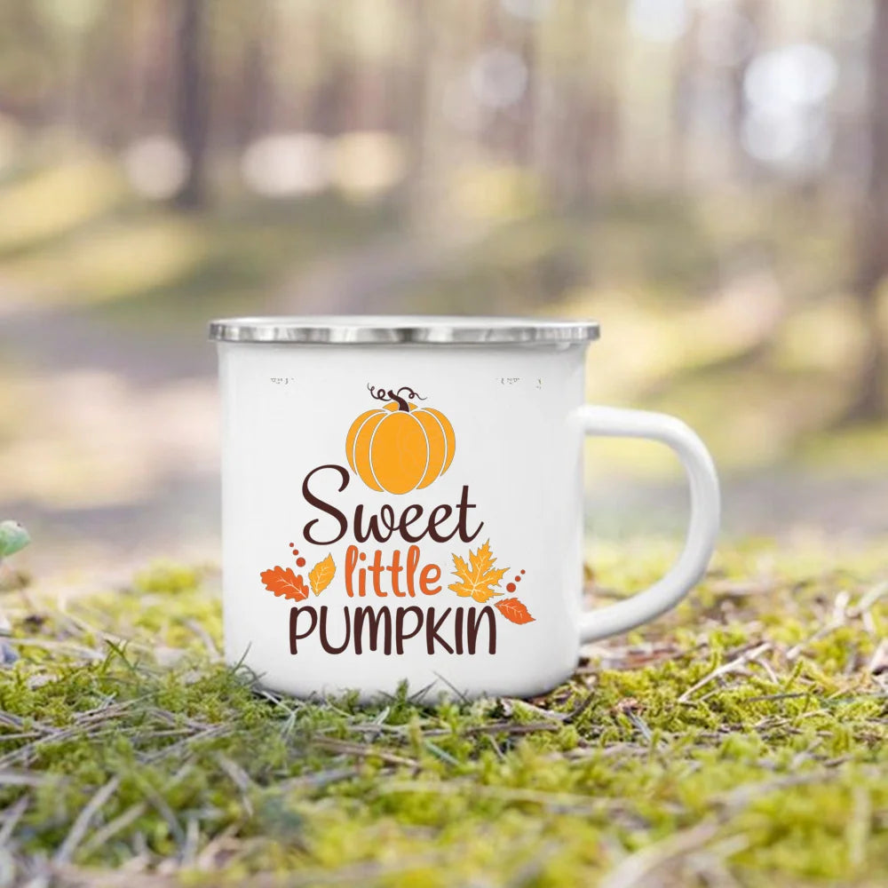 Pumpkin Leaves Dog Cat Printed Enamel Mugs Coffee Cups Fall Thanksgiving Party Wine Juice Mug Handle Cup Autumn Holiday Gifts