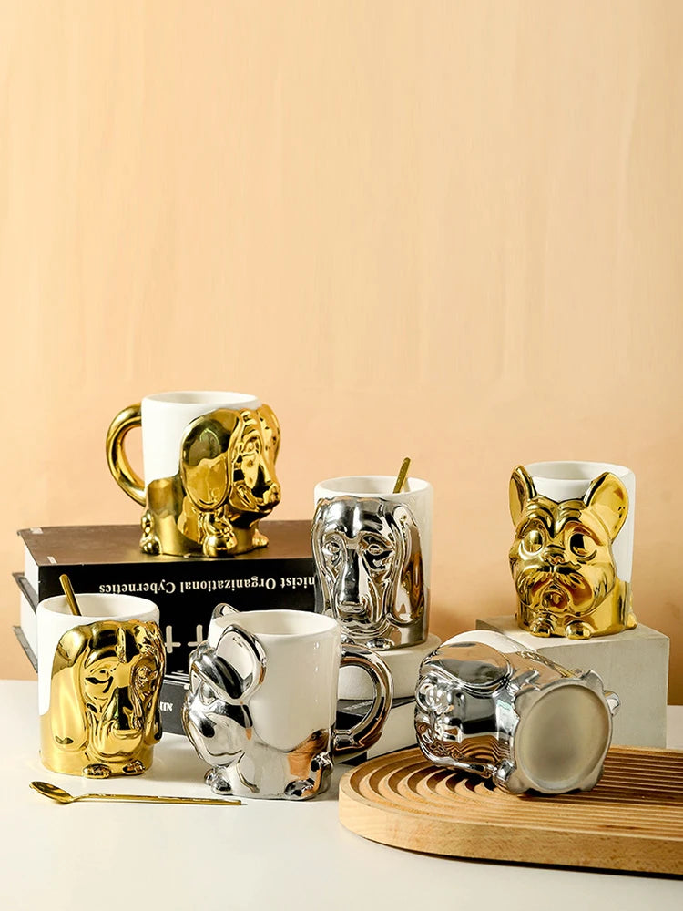 1pc Creative Stereo Dog Coffee Cup Cartoon Animal Tea Cup Gold Plated Silver Dog Ceramic Mug Couple Gift Oatmeal Mug Home Decor