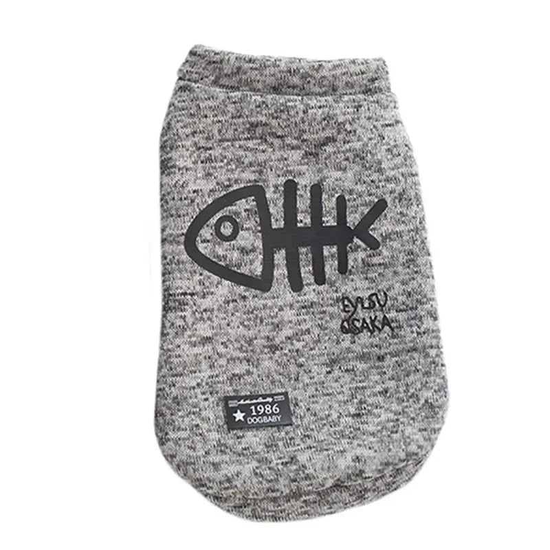 Cute Fleece Pet Clothes Fish Bone Pattern Warm Dog Hoodie Sweater Autumn Winter Dog Vest Button Dogs Short Sleeve Jacket Vest