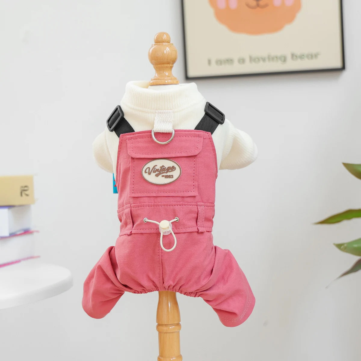 1-piece Pet Clothes Dog Autumn Handsome and Cute Going Out Striped Splicing Coral Pink Tooling Four-legged Overalls Jumpsuit