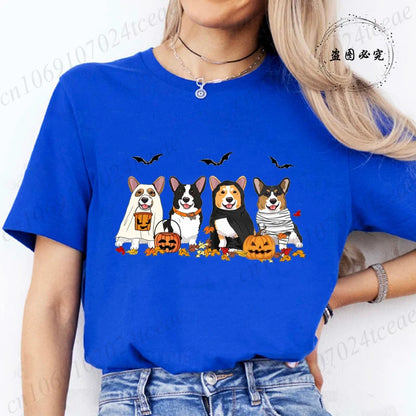 the COSTUME CANINES - Halloween Dog Fashion T-Shirt Tops, Women Harajuku Graphic Tees, Shirt Femme Corgi Dogs Halloween Women's T-Shirt